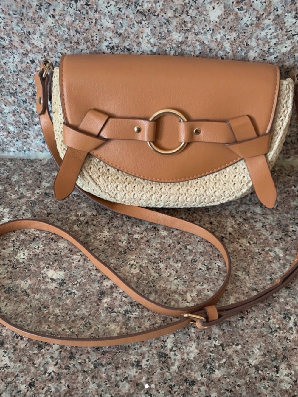 H&M Tan and Cream Crossbody Bag with Gold Ring Detail